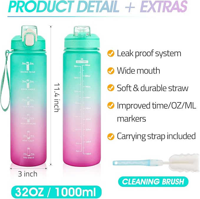 YC Kitchen Motivational Water Bottle with Time Marker- 32oz Water Bottles with Times to Drink, Leakproof & BPA Free Sports Water Bottle with Straw & Carry Strap for Fitness, Gym, and Outdoor Sports