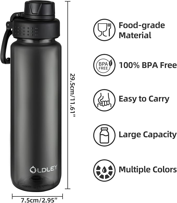 OLDLEY 32 oz Water Bottle, Sports Tritan Water Bottle with Carry Handle and Spout Lid, Leakproof & BPA Free Large Water Bottles for Home,Travel, School, Outdoors, Gym,Black