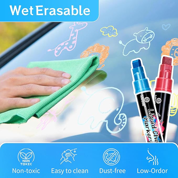 IJIANG Chalk Markers for Car Glass Washable, Metallic Liquid Chalk Marker Dry & Wet-Erasable 10 MM 3-in-1 Tip Chalkboard Markers Non-Toxic Dust Free 8 Color Chalk Pens Windows Mirrors Glass
