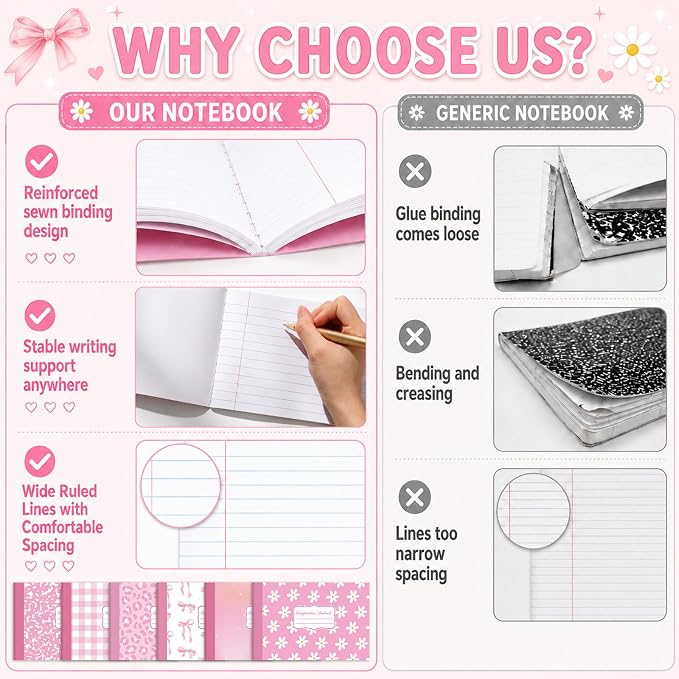 6 Pack Half Size Composition Notebooks Wide Ruled Marble Journal, Pink