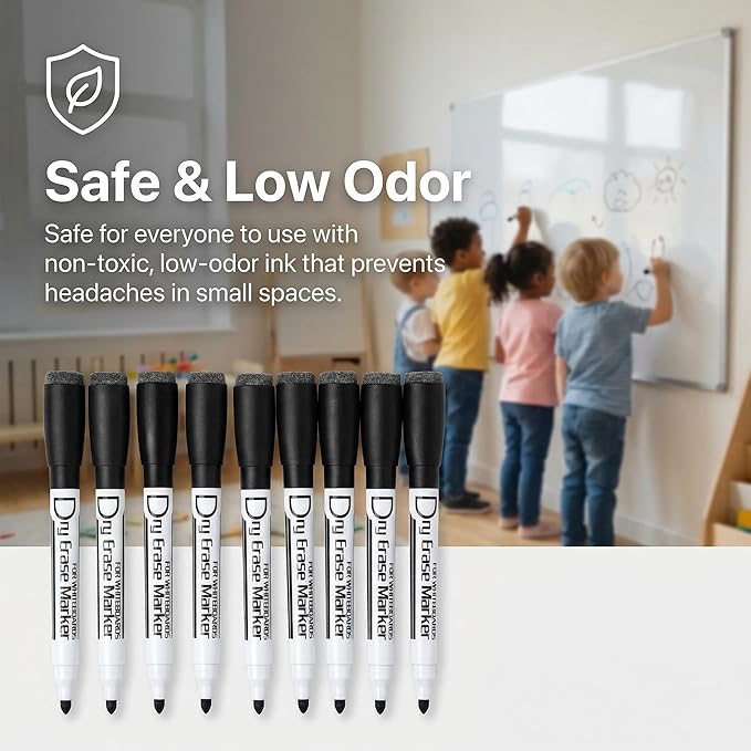 Volcanics Magnetic Dry Erase Markers With Eraser Low Odor Fine Tip Whiteboard Pens Pack of 12, Black