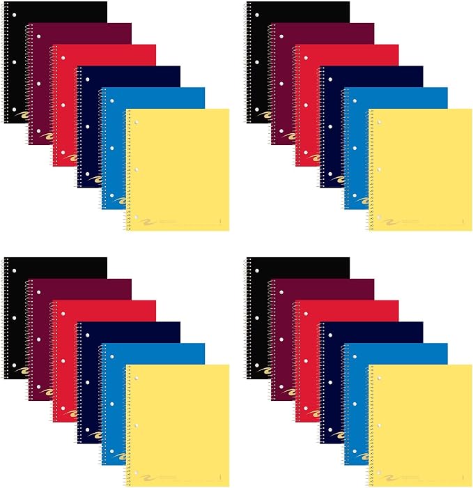 ROARING SPRING 1 Subject Spiral Notebook, 24 Pack, 11" x 9", College Ruled, 100 Perforated Sheets, Assorted Glasscoat Covers, Double Storage Pocket, Made in USA