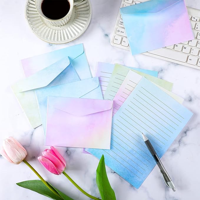 Geyee 200 Pieces Watercolor Stationary Paper and Envelopes Include 100 Lined Sheets and Envelopes, 5. 5 x 8. 25 Inch Double Sided Printing Letter Writing Paper with Mailers(Watercolor)