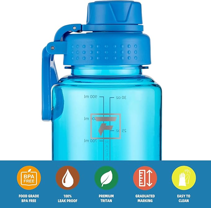 Fanhaw 32 oz Clear BPA-Free Tritan Water Bottle with Fast-Flow Spout Lid, Leakproof Wide-Mouth Reusable Bottle for Gym, School & Office (Classic Blue)