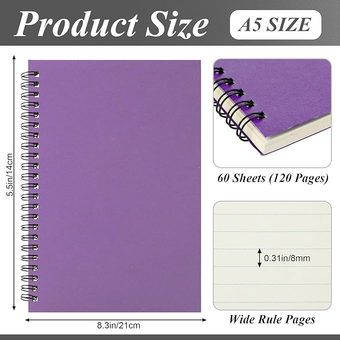 Leelosp 12 Pcs Small Spiral Notebook Lined Spiral Journal College Ruled Notebook Wire Bound Kraft Cover, 120 Pages for Work (Black,Yellow,Green,Purple,Red,Blue,5.5 x 8.3 Inch)