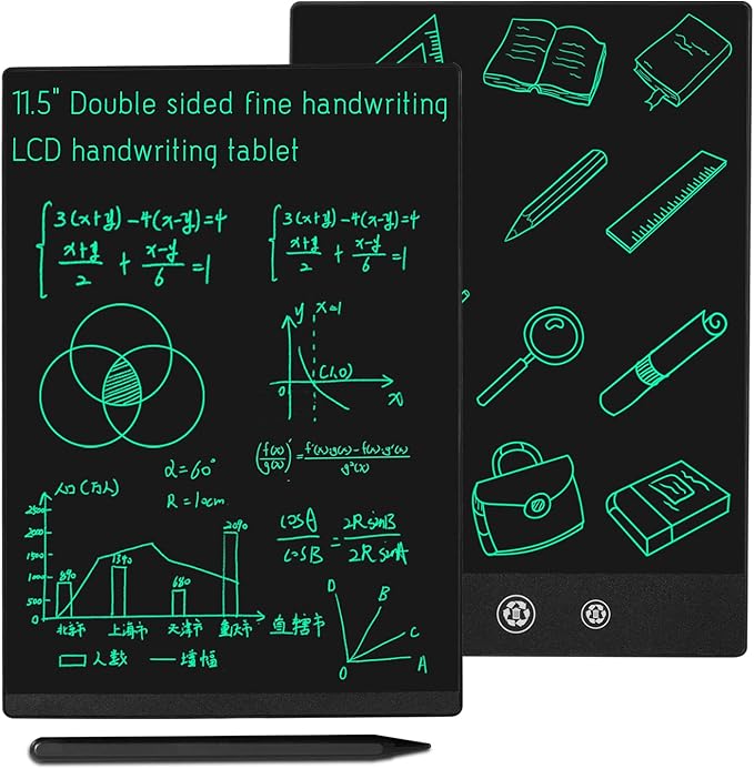 LCD Writing Tablet 2 Sides Screen Erasable Reusable 11.5inch and 10.5inch Electronic Drawing Pads Portable Scratchpad for Kids Adults Home Office (Black)