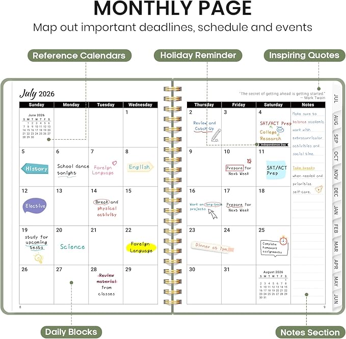 Planner 2026-2027 for Women & Men, Set of 3, Academic Monthly and Weekly Calendar Planner, Jul 2026 - Jun 2027, A5 (6.3" x 8.5"), Teacher Student Planning Book with Tabs, Ideal for Office School Supplies - Black Green Purple