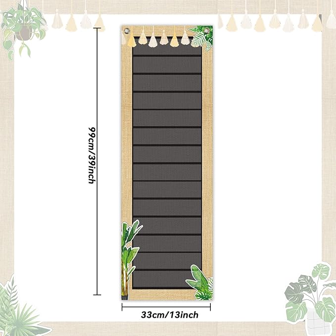 Tevxj Eucalyptus Daily Schedule Pocket Chart for Classroom 39 * 13 inch, Back to School Greenery Teacher Hanging Pocket Chart with 14 Pockets Schedule Pocket Chart School Home Decor Learning Supplies