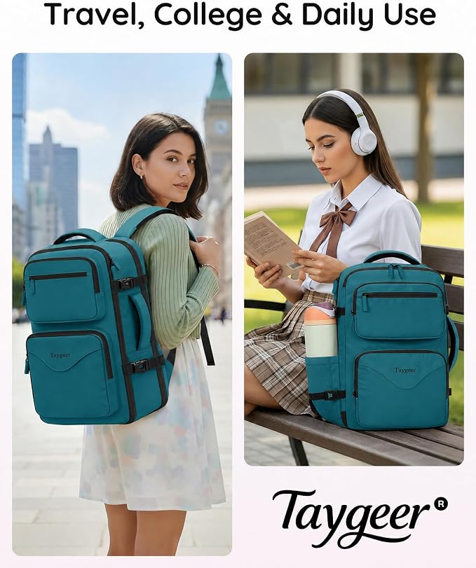 Taygeer Airline Approved Carry on Backpack, Womens Weekender Travel Bag | Luggage 15.6 Inch Laptop Backpack with Water Bottle Pocket & Shoe Pouch, Travel Gifts for Frend Outdoor Weekend, Peacock Blue