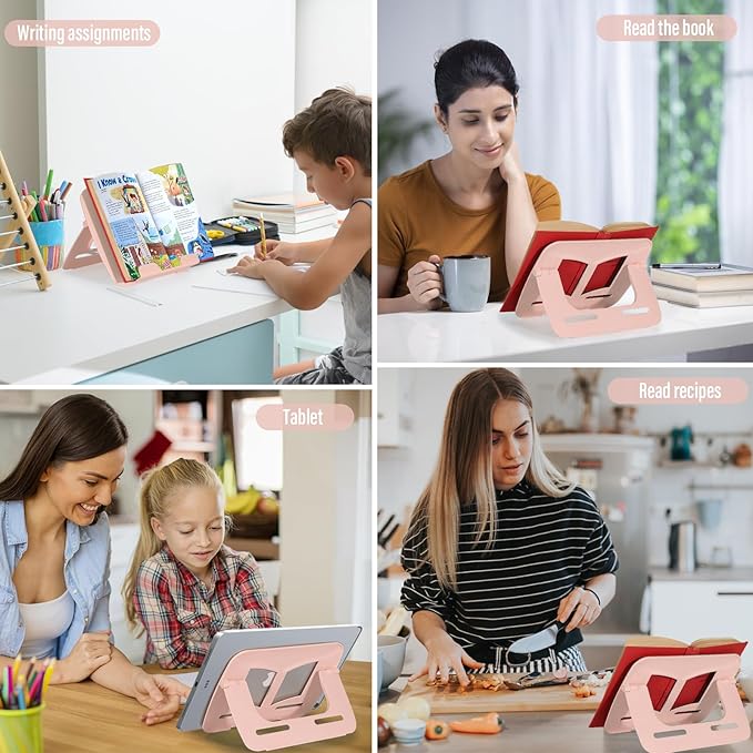 Portable Book Stand Book Holder Book Rest for Kids Reading Hands Free Cookbook Holder Textbook Stands Music Stand Children's Christmas Gifts Beach Girls boy School Supplies (Pink 11.82" *8.26")