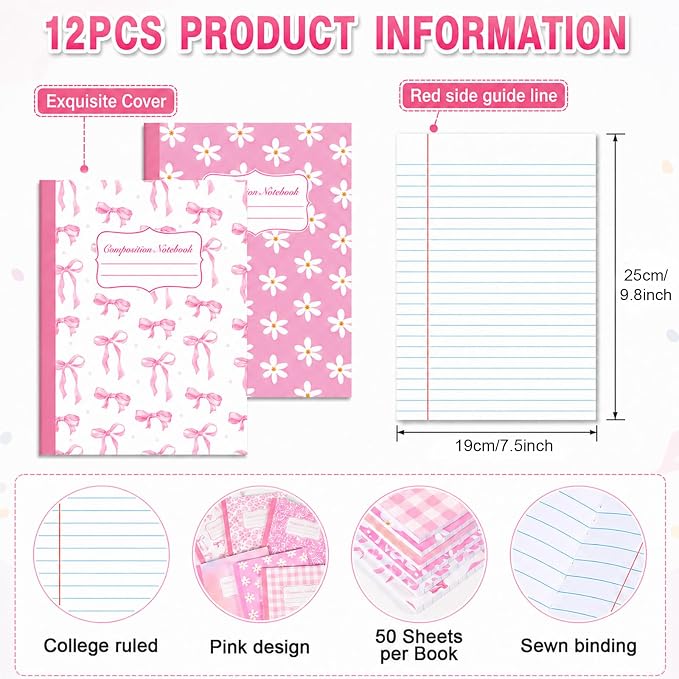 12 Pack Large Composition Notebooks Bulk 9.8 × 7.5 in Wide Ruled Hard Cover Composition Book Assorted Marble Journal College Ruled Paper for Adult Student College Office Back to School Supplies(Pink)