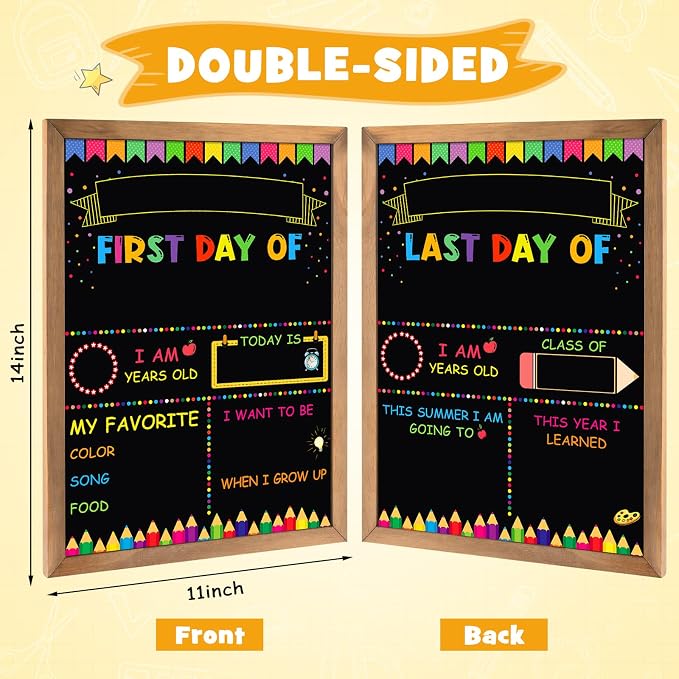 First & Last Day of School Signs with 6 Colorful Markers, 11 x 14 Inch Double Sided Back to School Board for Kids, Girls, Boys, Reusable Wooden 1st Day Chalkboard Sign of Preschool/Kindergarten