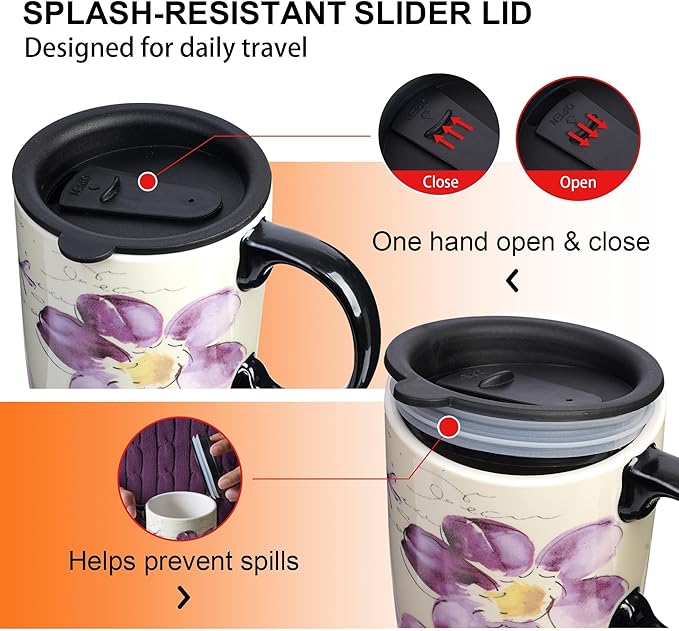 Topadorn Tall Ceramic Travel Mug 17 oz. Coffee Cups Sealed Lid With Color Box (Purple Flower)