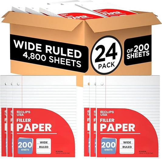 Wide Ruled Loose Leaf Paper Wide Ruled Notebook Paper Lined Writing Filler Paper 10.5” x 8” 56 gsm 4800 Sheets 200 Sheet Per Pack (24 Pack)