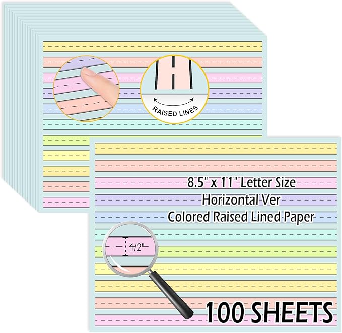 100 Sheets Horizontal Handwriting Paper Raised Line Paper Wide Ruled 0.5 Inch Kindergarten Writing Paper with Lines 8.5"x 11" Colored ADHD Writing Practice for Kids Learning Multi Sensory Dysgraphia