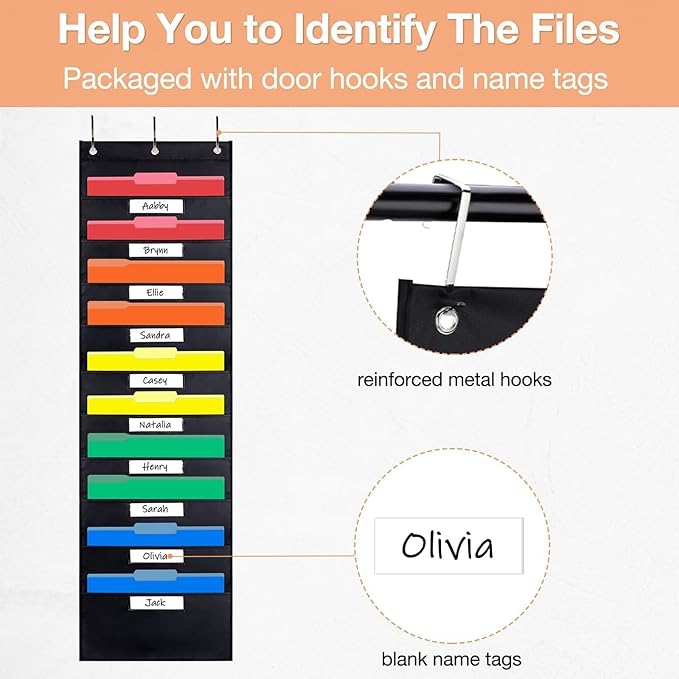 Opret 10 Pockets Storage Pocket Chart with 10 Nametag Pockets, Hanging Wall File Organizer for File Folders with 3 Hangers for Classroom, Office, School Mailbox Organizer and Home (Black)