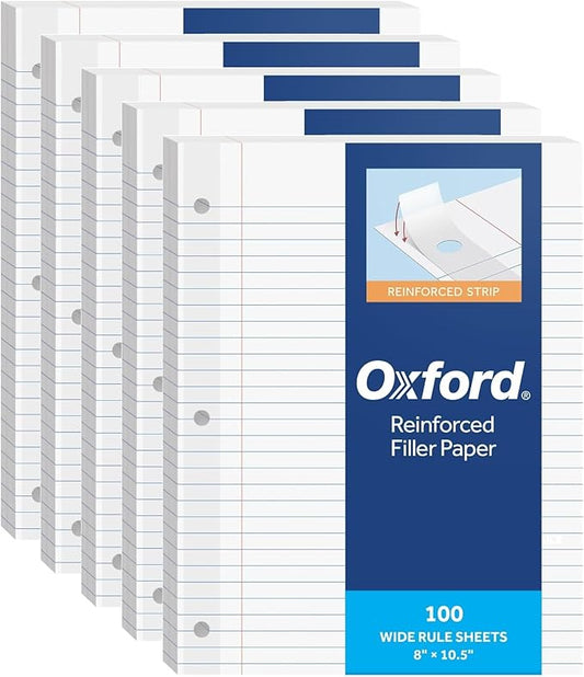Oxford Reinforced Filler Paper, 8 x 10.5 Inch, Wide Rule, 3 Hole Punched, Lined Loose Leaf Paper for Ring Binders, 500 Sheets, White (1002098)