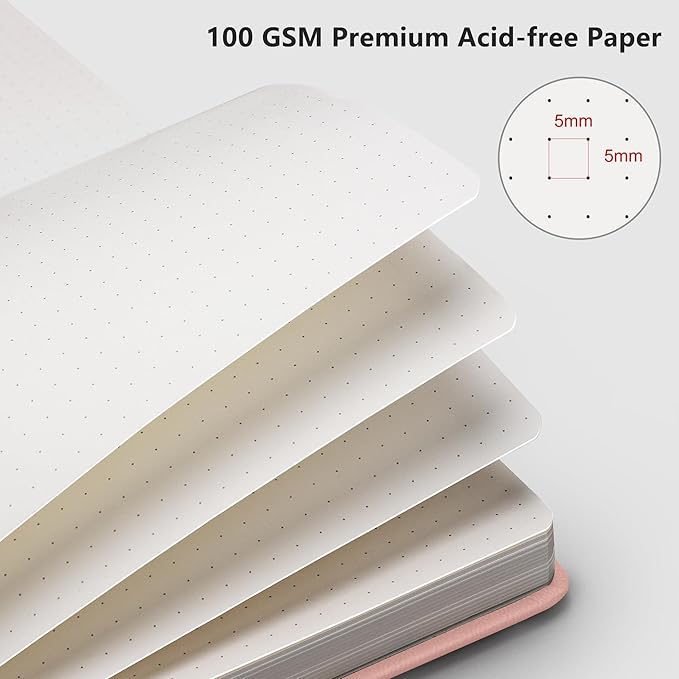 RETTACY Dotted Journal Notebook, 192 Pages, A5 Medium Size (5.7'' x 8.3''), Leather Hardcover, 100 GSM Thick Paper, for Journaling, Planning, Tracking (Pink)