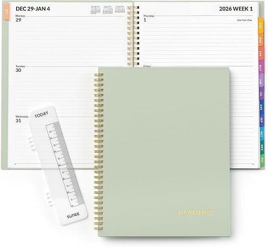 SUNEE 2026 Weekly and Monthly Planner - from January 2026 - December 2026, Daily Agenda Planner with Monthly Tab, Flexible Cover, Note Pages, Pockets, Bookmark, Spiral Binding, Sage Green, 8.5"x11"