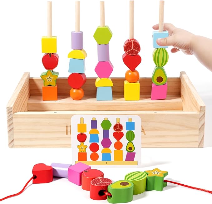 INIFEIDALA Montessori Toys for 3 4 5 Year Old,Stacking Blocks,Lacing Beads & Shape Stacker,Wooden Beads Sequencing Toy Set,Fine Motor Skills & STEM Preschool Learning Gifts for Toddlers Boys & Girls