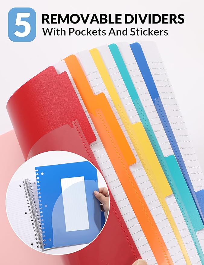 SUNEE Spiral Notebooks for Work with Removable Dividers & Tabs – College Ruled 5 Subject, 300 Pages, 3 Hole Punched, Durable PP Cover, 8"x10.5" – Notebooks for Office or School, Grey Blue