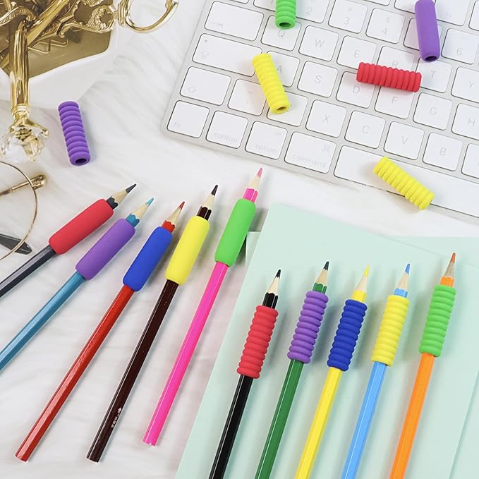 Pencil Grip Soft Foam Pencil Grips for Handwriting 1.5 Inch Comfort Pencil Holder for Writing Aid 5 Color (15 Pcs Annular 15 Pcs Classics)