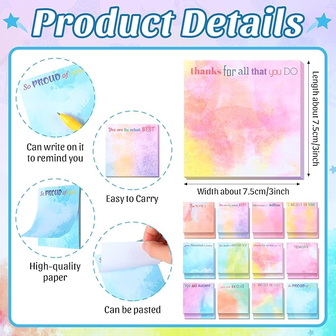 Yinder 24 Pcs Inspirational Sticky Notes Cute Motivational Sticky Notes Pad End of Year Employee Appreciation Gifts Bulk for Teacher Nurse Coworkers Office Supplies 3 x 3'' (Thank You,Water Color)