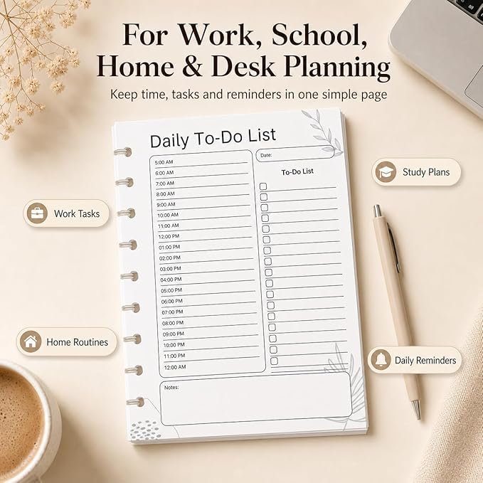 Classic 9-Disc Daily To Do List Planner Inserts, Discbound Undated Planner Refill Pages with Hourly Schedule, Checklist & Notes, 100 Double-Sided Sheets, 7 x 9.25 in