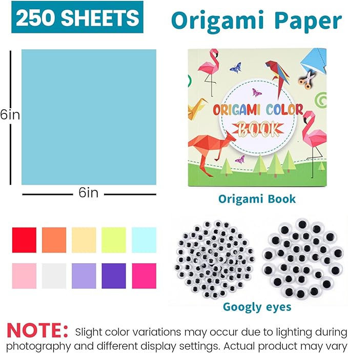 Koogel 250 Sheets Origami Paper Craft Kits, Color Paper 6"x 6" with Origami Book, DIY Art Projects Set for Beginners