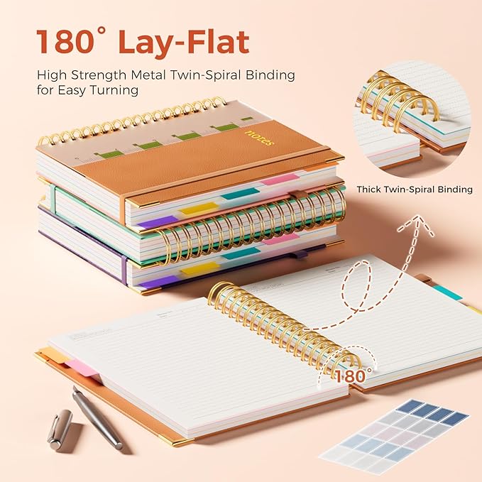 Line Hardcover Spiral Notebook with Removable Dividers Tabs & Ruler, 5 Subject Notebook College Ruled, 300 Page, Large 8"x10" B5 Notebooks for Work School, Lined Journal for Women & Men, Orange