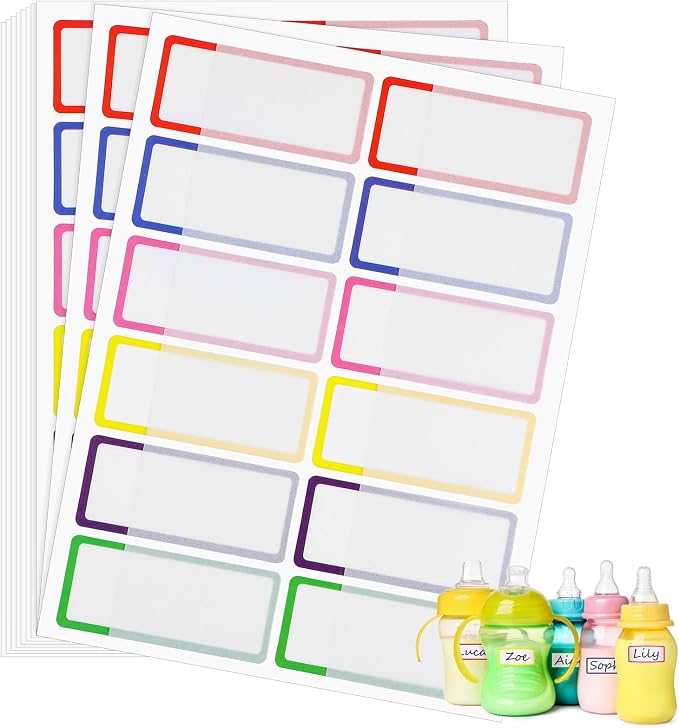 120 Pcs Baby Bottle Labels for Daycare, Waterproof School Name Labels Stickers Self-Laminating Multipurpose Write-On Name Labels for Kids Sippy Cup Water Bottle Lunch Box