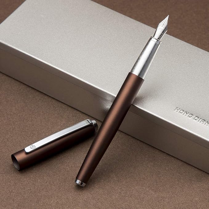HongDian 525 Brown Metal Fountain Pen Bent Nib, Calligraphy Fude Pen 0.6mm with Converter and Metal Box Set