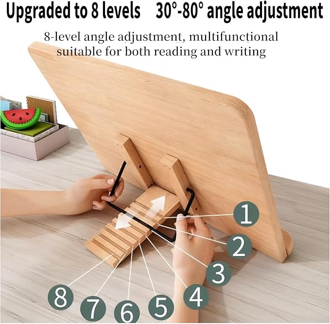 Adjustable Wood Reading Book Stand, Portable Book Holder with Page Stoppers, Ergonomic Desk Book Holder for Reading, Studying, Cooking, Textbook & Recipe Display(13.4x9.45inch)