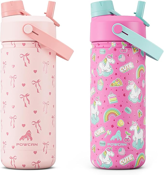 POWCAN 2 Pack 18 oz Insulated Water Bottle for School: Leakproof, 2-in-1 Straw Spout Lid, BPA-Free, Keep Cold 24 Hrs, Stainless Steel Cup for Girls Boys Kids (Sweetheart Bow & Cute Unicorn)