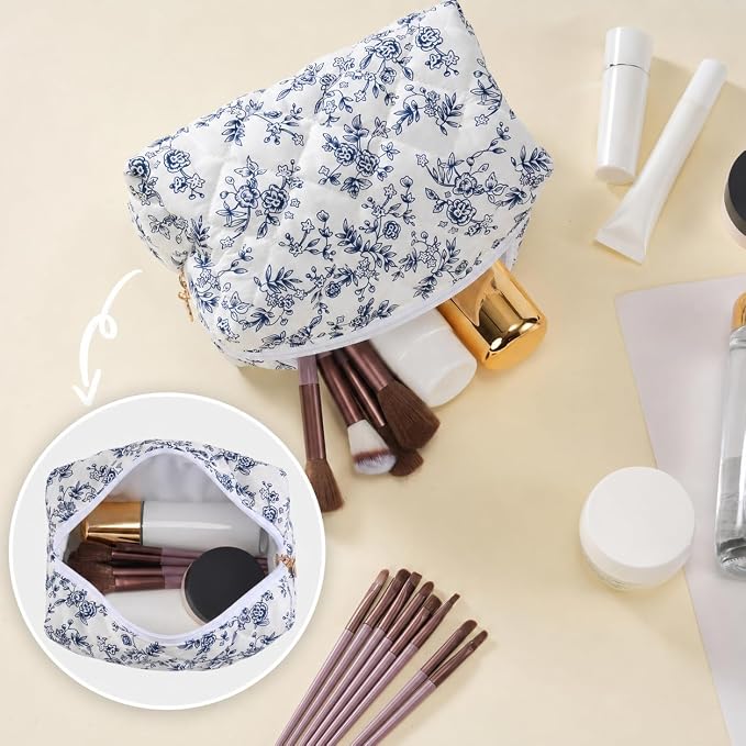 Makeup Bag Travel Toiletry Bag for Women, Small Cosmetic Bags Aesthetic Organizer Quilted Cotton Makeup Pouch&Purse Emergency Bag Floral Pencil Case Accessory Bag, Vintage Blue