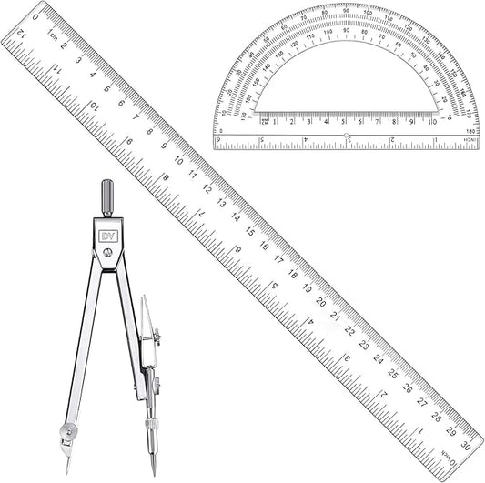 3 Pcs Plastic 12 Inch Ruler, Clear Protractor and Compasses Set for Student Geometry, Durable Transparent Drawing Measuring Rulers for School Office