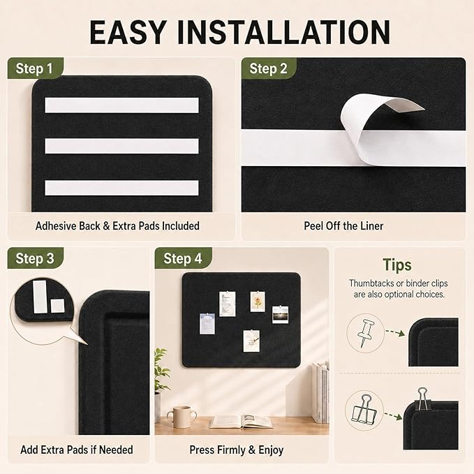 Felt Bulletin Board for Wall 36" x 24" Unfolded Size, Frameless Felt Pin Board, Soft Cork Board Alternative for Office, Home Planning, Notes, Photos & Wall Decor, Foldable Shipping, Easy Install