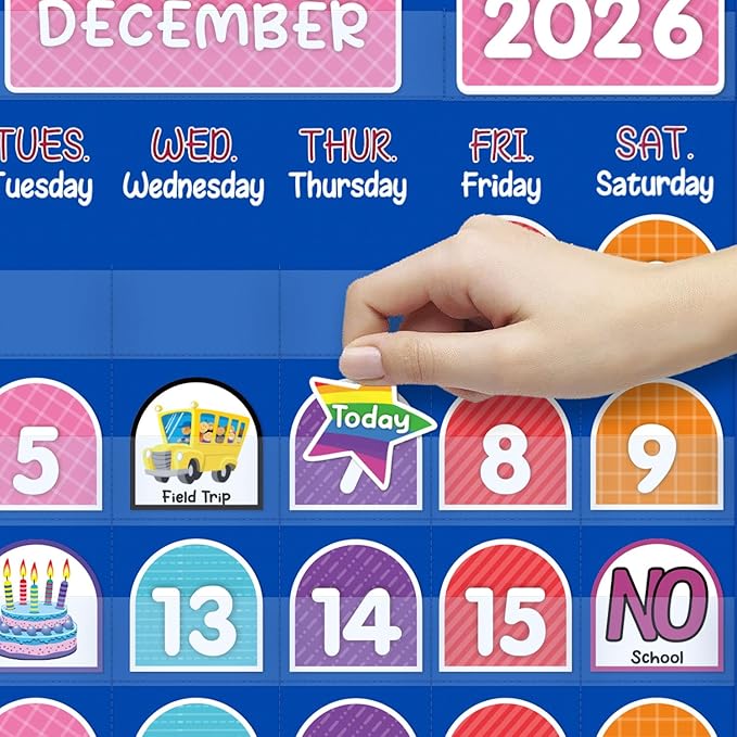 Mewise Monthly Calendar Pocket Chart with 92 Activity Cards for Kids,Simplified Calendar Pocket Chart for Kids Easy Learning,Classroom/Teacher Must Have Supplies/School Decor (Blue English)