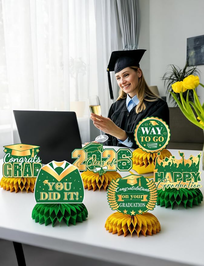 Graduation Table Decorations Class of 2026, 9Pcs Graduation Centerpieces for Tables Green Gold Honeycomb Centerpiece Congrats Grad Table Toppers Congratulate Decorations for Grad Party Supplies