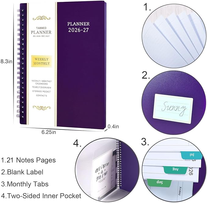 Planner 2026-2027 - July 2026 - June 2027, 2026-2027 Planner Weekly and Monthly, Academic Planner, Calendar Planner with Colorful Tabs, 6.25" × 8.3", Strong Twin-Wire Binding, Back Pocket, Holidays