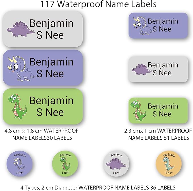 Personalized Kids Name Labels – Waterproof Custom Stickers for Daycare & School, 117 Pack, Dishwasher & Laundry Safe (Dinosaur-2)