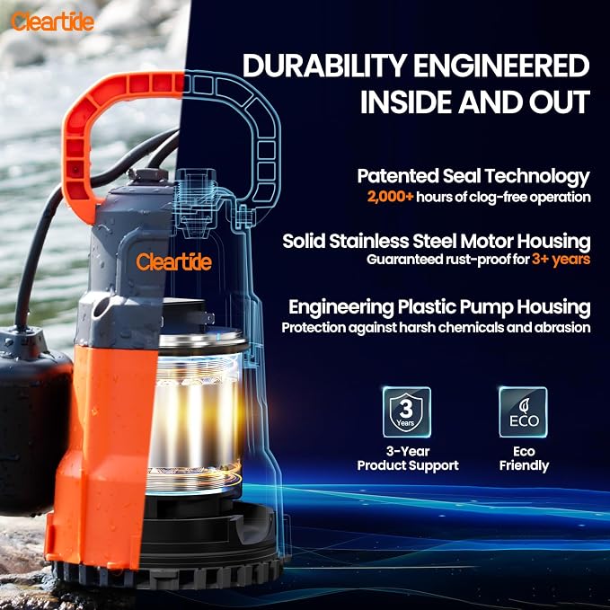 Submersible Water Sump Pump with Float Switch, 1/2 HP 3060 GPH High Flow, Ideal for Yard and Flooded Cellar, Hot Tub, Garden Irrigation, Debris-Handling up to 3/8"