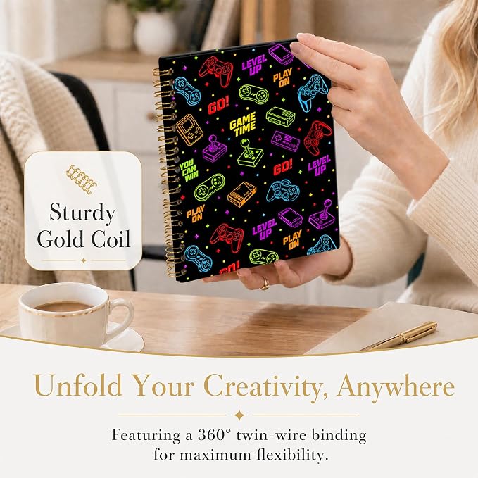 ATJFKIXL Cute Spiral Journal Notebook, A5 120 Page College Ruled Wirebound Notebook, Soft Cover for Students Office Notes and Planning - Black Gamer Icons