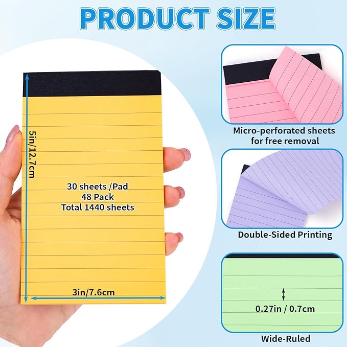 Oleitodh 48 Pack 3 x 5 Inch Note Pads 12 Colors Mini Memo Pads