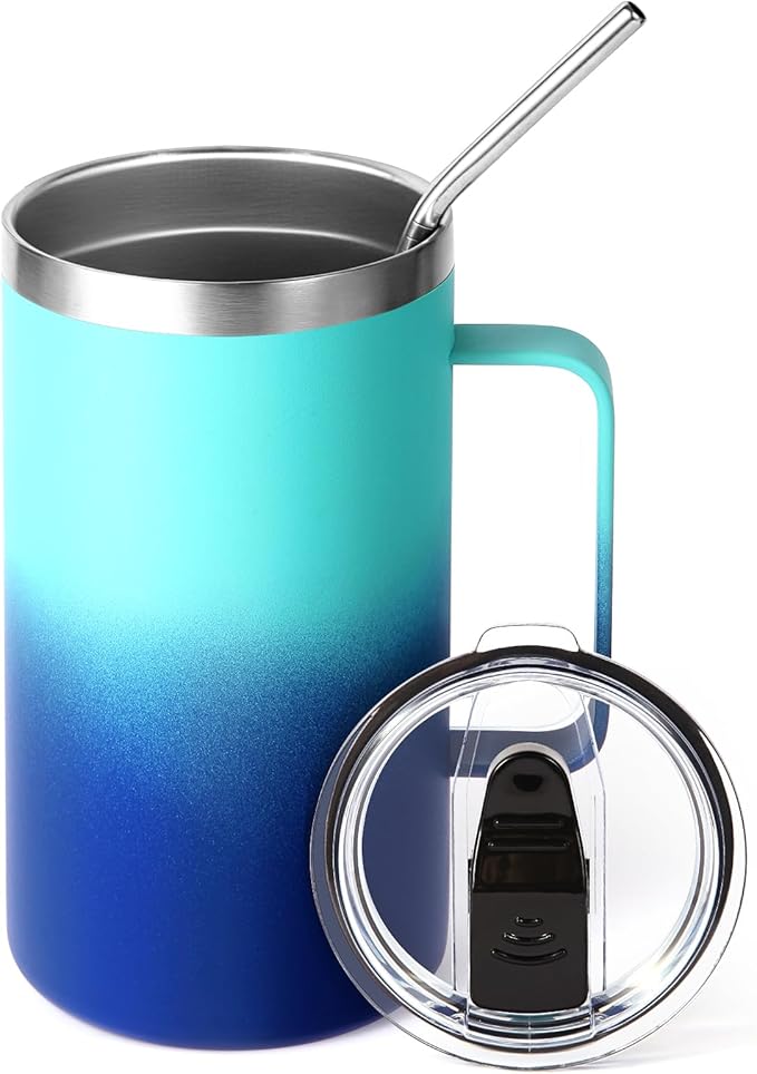 Volhoply 22oz Insulated Stainless Steel Coffee Mug with Leakproof Lid,Double Wall Vacuum Travel Coffee Cup with Handle,Reusable Metal Tumbler,Camping Mugs Keep Hot&Cold(Green Blue,1)