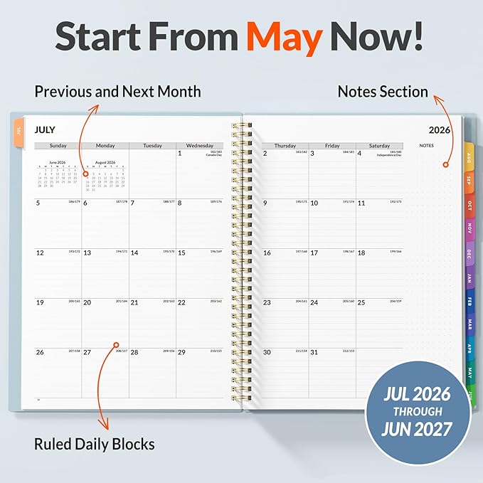 SUNEE 2026-2027 Appointment Book, Quarter-Hourly, Weekly & Monthly - from July 2026 to June 2027, 8.5"x11" Academic Planner, Flexible Cover, Note Pages, Bookmark, Spiral Binding, Blue