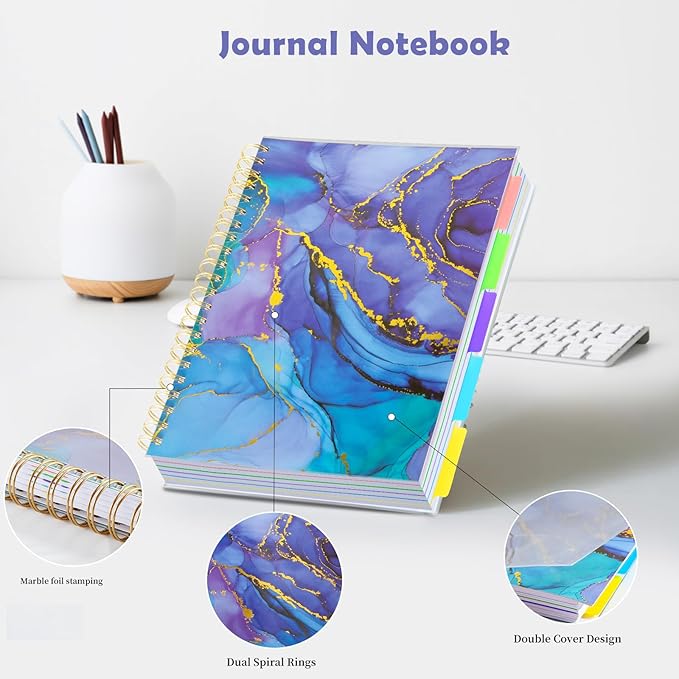 5 Subject Notebook for Work with Removable Dividers Tabs, Large 8.5" x 11 Spiral Lined Notebooks for School Note Taking & Organizer, A4 240 Pages College Ruled Journal for Women & Writing, Purple