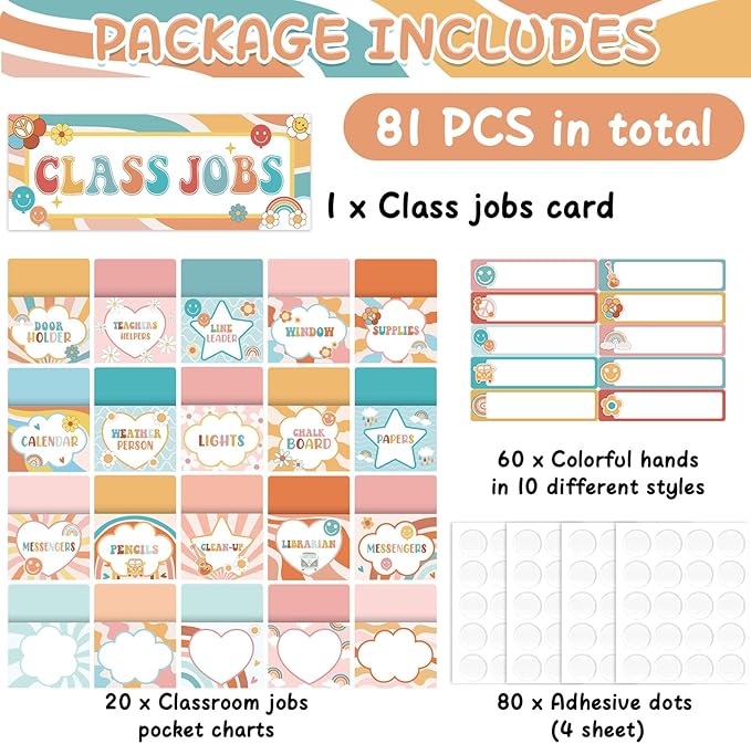 ZOiiWA 81pcs Groovy Class Jobs Bulletin Board Hippie Themed Classroom Jobs Pocket Chart Set Teacher's Helper Chalkboard Decor Classroom Bulletin Board Set Wall Decoration for Back to School Supplies