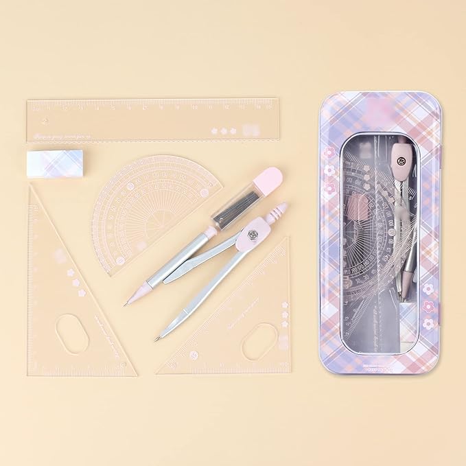 LABANCA 8 Pcs Compass Set with Protractor Rulers Pencil for Math Geometry (07434 Pink)