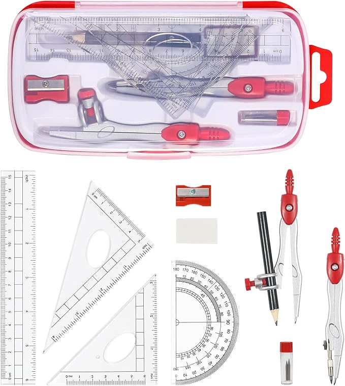 Unjoo Math Geometry Kit Sets 10 Piece Student Supplies with Shatterproof Storage Box,Includes Rulers,Protractor,Compass,Eraser,Pencil Sharpener,Lead Refills,Pencil,for Drafting and Drawings（Red）